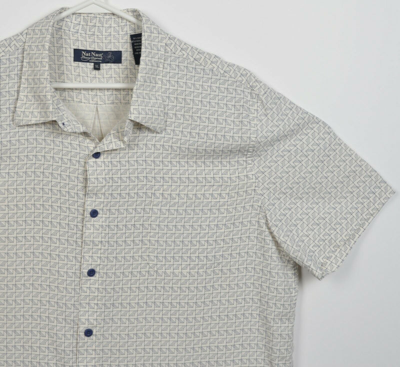 Nat Nast Men's XL Silk Blend White Blue Geometric Hawaiian Bowling Retro Shirt