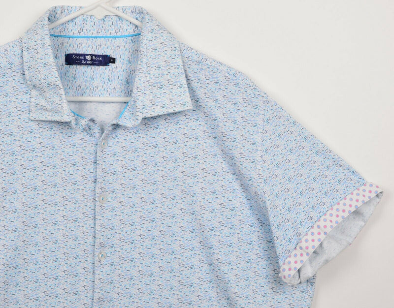 Stone Rose Men's Sz 6 White Blue Geometric Flip Cuff Short Sleeve Shirt