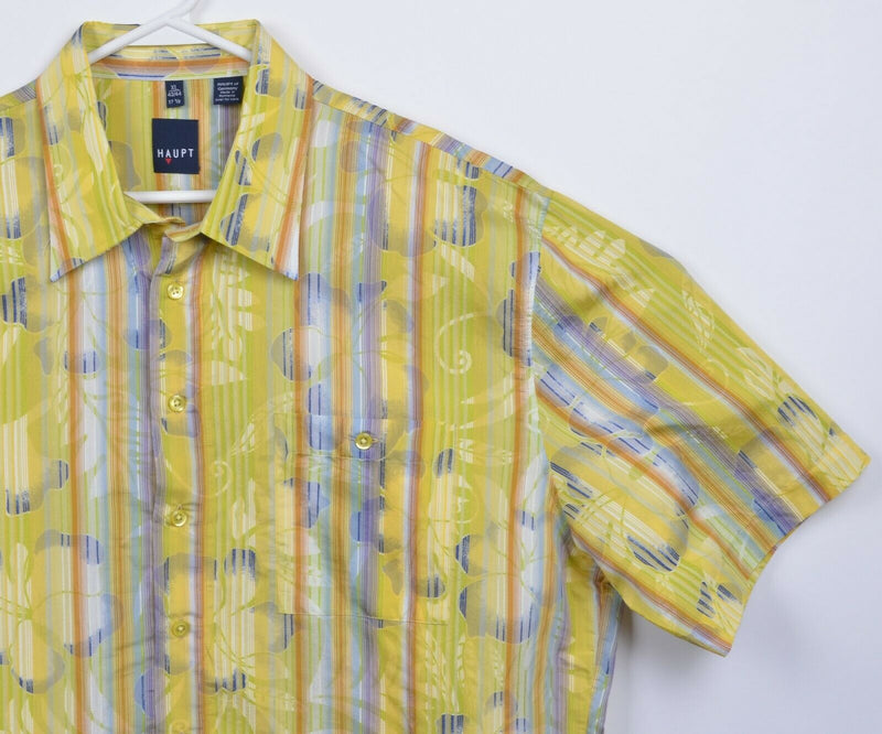 Haupt Germany Men's XL Floral Striped Yellow Textured Rayon Hawaiian Shirt