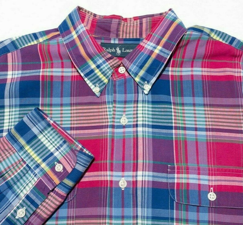 Polo Ralph Lauren Indian Madras Shirt Blue Red Purple Colorful Plaid Men's 2XL