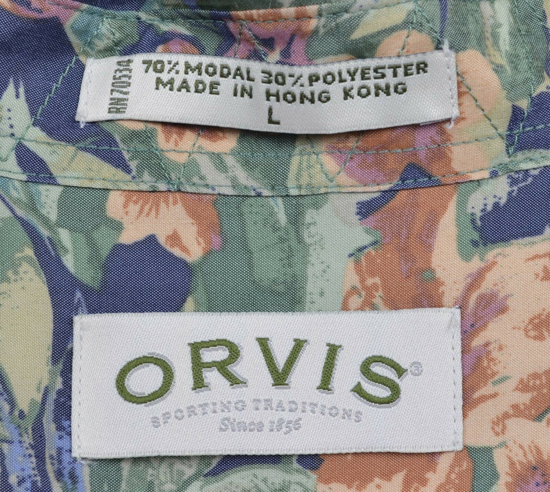 Orvis Men's Large Floral Blue Green Red Modal Button-Front Hawaiian Shirt
