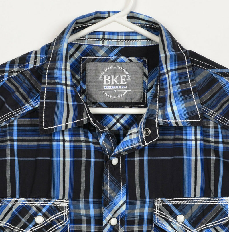 BKE Buckle Men's Medium Athletic Fit Pearl Blue Plaid Western Rockabilly Shirt