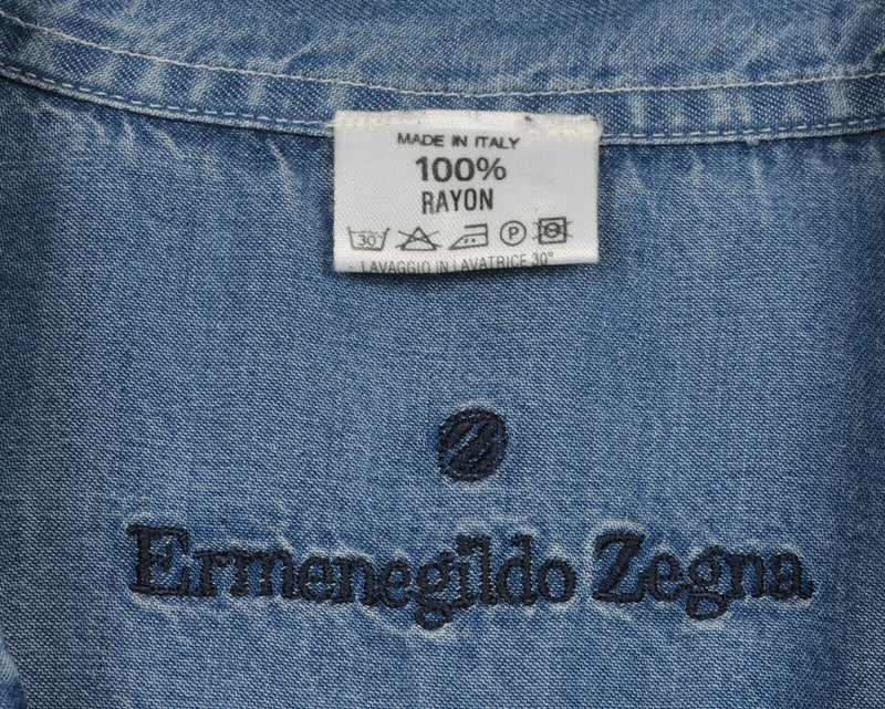 Ermenegildo Zegna Men's Medium Rayon Blue Denim-Style Italy Button-Front Shirt