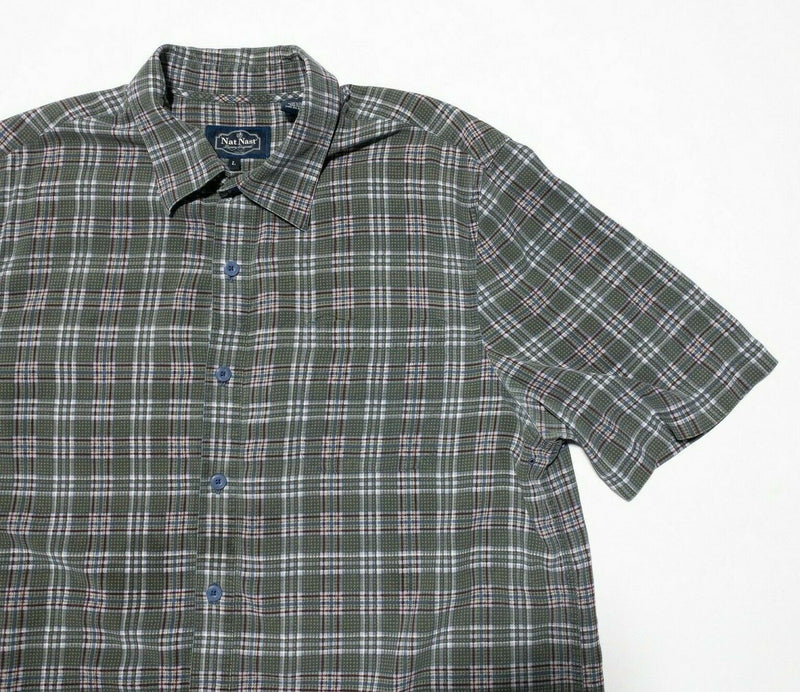 Nat Nast Silk Shirt Large Plaid Men's Green Casual Camp Bowling Button Shirt