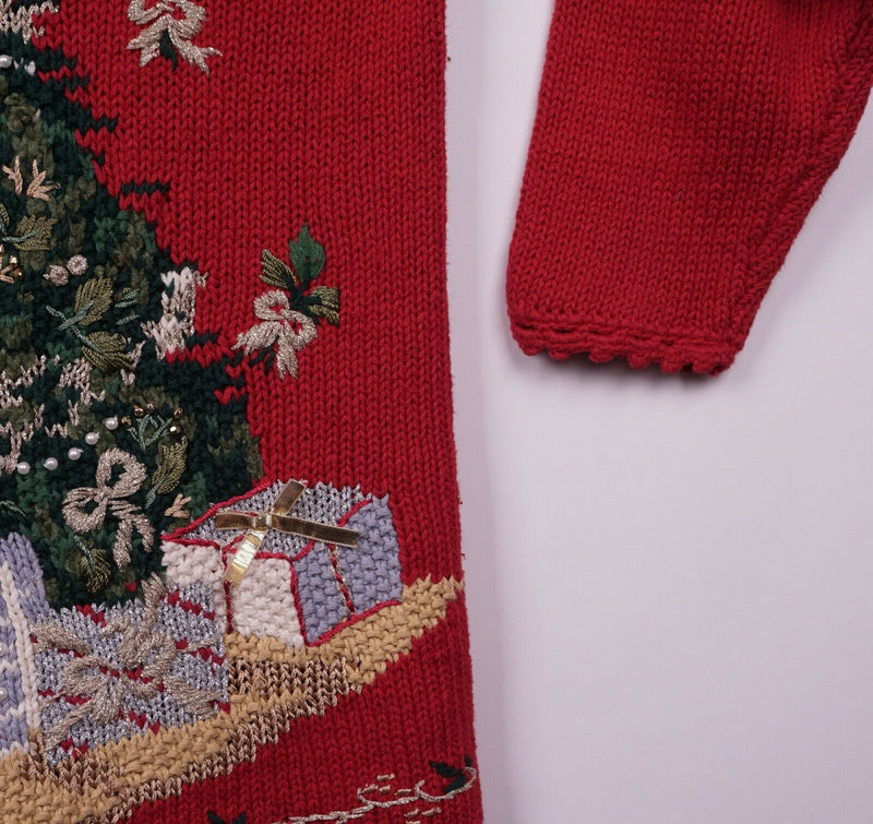 Vtg 90s Ugly Christmas Sweater Adult Sz Large Knit Big Christmas Tree Bears Red