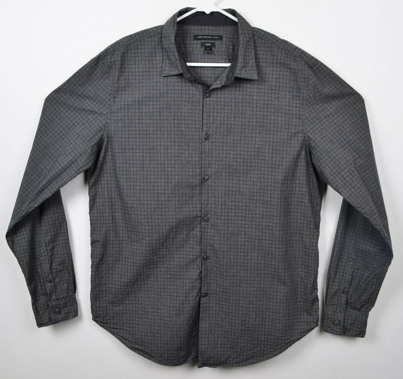 John Varvatos USA Men's XL Luxe Gray Black Plaid Flip Cuff Button-Front Shirt