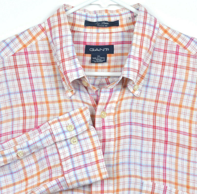 GANT Men's XL 100% Linen Pink Orange Plaid Ivy Linen Button-Down Shirt