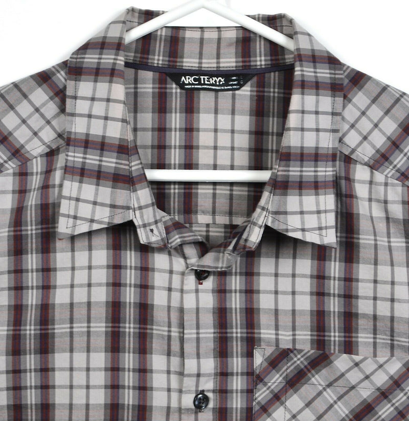 Arc'teryx Men's Large Gray Burgundy Plaid Cotton Blend Hiking Button-Front Shirt