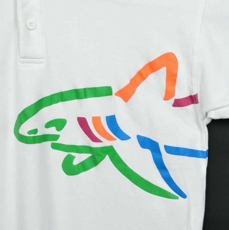Vintage 90s Greg Norman Men's Large Shark Wraparound White Golf Polo Shirt