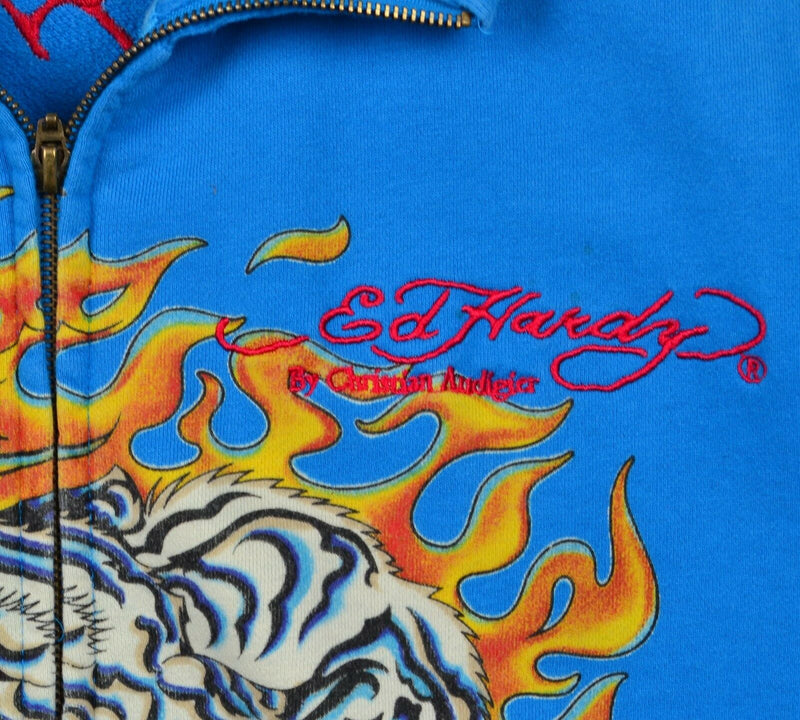 Christian Audigier Ed Hardy Men's Large Tiger Flames Blue Full Zip Sweatshirt