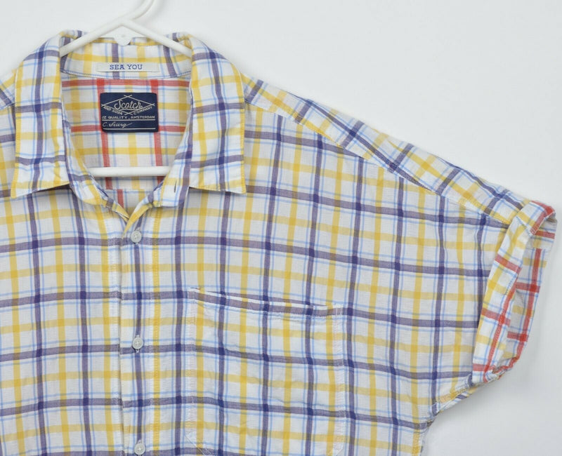 Scotch & Soda Men's Large Yellow Purple Plaid Short Sleeve Button-Front Shirt