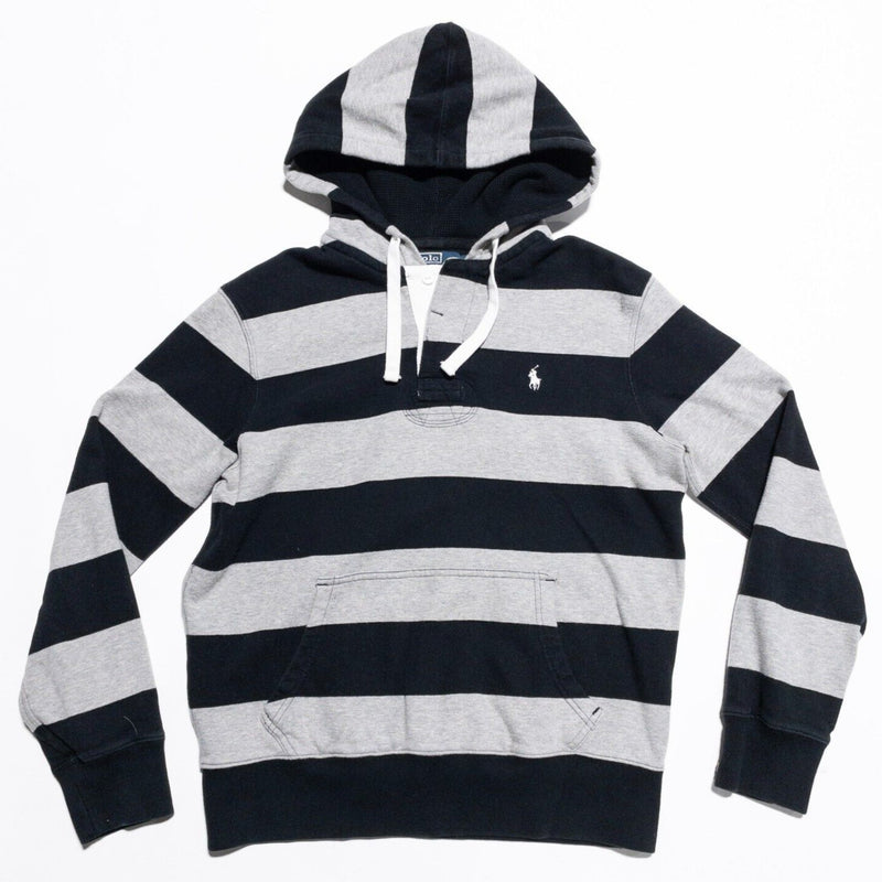 Polo Ralph Lauren Hoodie Men's Medium Rugby Black Gray Striped Preppy Pony