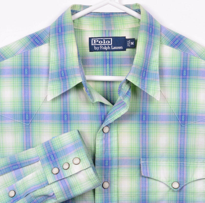 Polo Ralph Lauren Men's Medium Pearl Snap Green Blue Pink Plaid Western Shirt