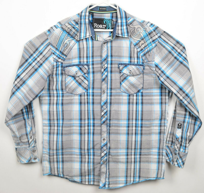 Roar Signature Men's 2XL Tribal Blue Gray Distressed Button-Front Shirt