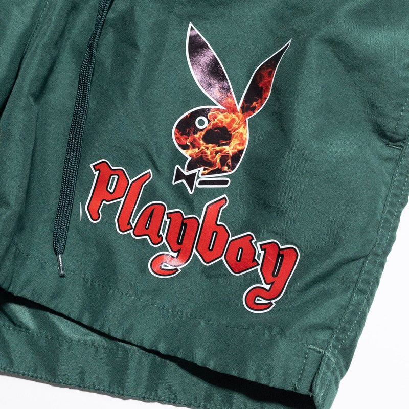 Playboy PacSun Board Shorts Men's Medium Green Lined Flames Logo Drawstring