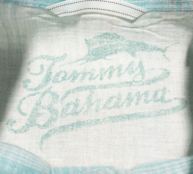 Tommy Bahama Linen Shirt Large Men's Aqua Blue/Green Plaid Long Sleeve Beach