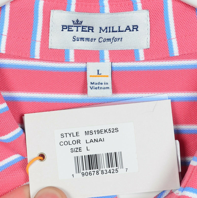 Peter Millar Summer Comfort Men's Large Pink Striped Wicking Golf Polo Shirt