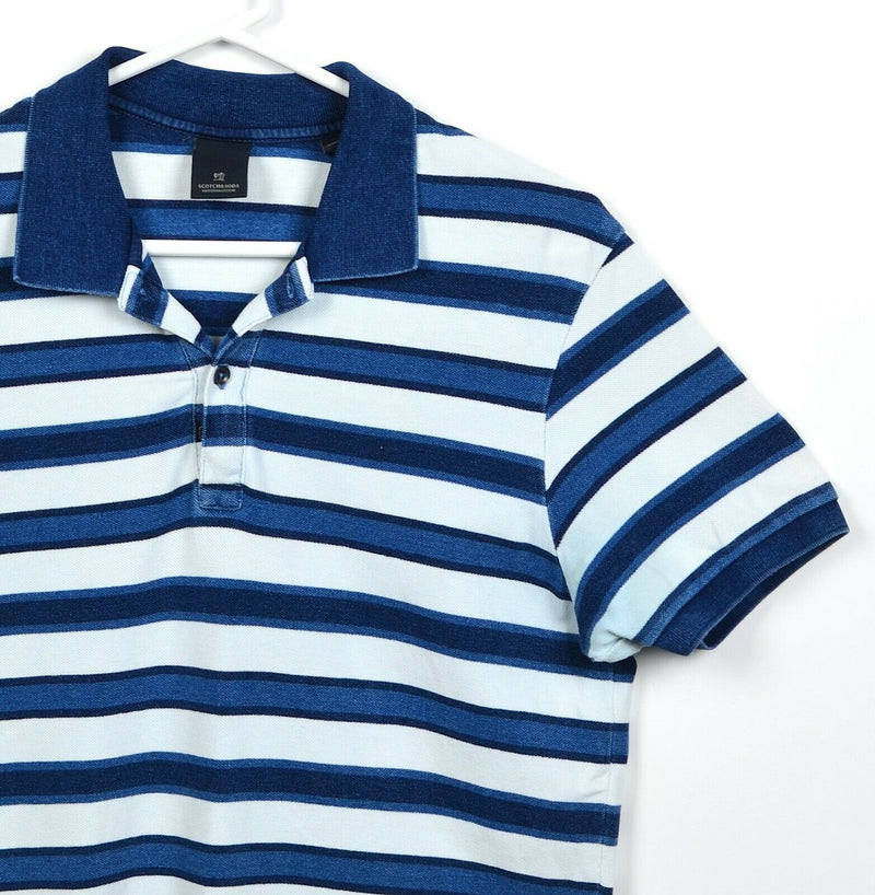 Scotch & Soda Men's Small Indigo Blue White Striped Short Sleeve Polo Shirt