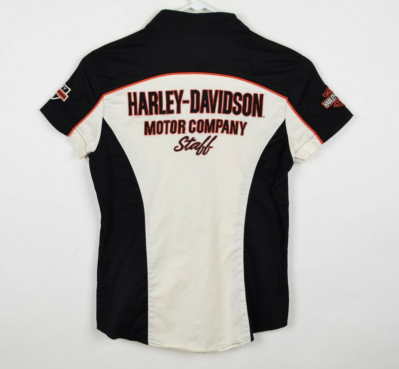 Harley Davidson Women's Sz Medium Staff Employee White Black Orange Snap Shirt