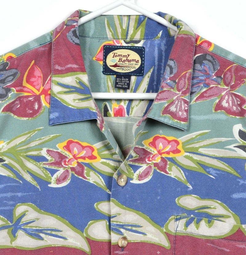 Tommy Bahama Men's Large Floral Geometric Striped Rayon Blend Hawaiian Shirt