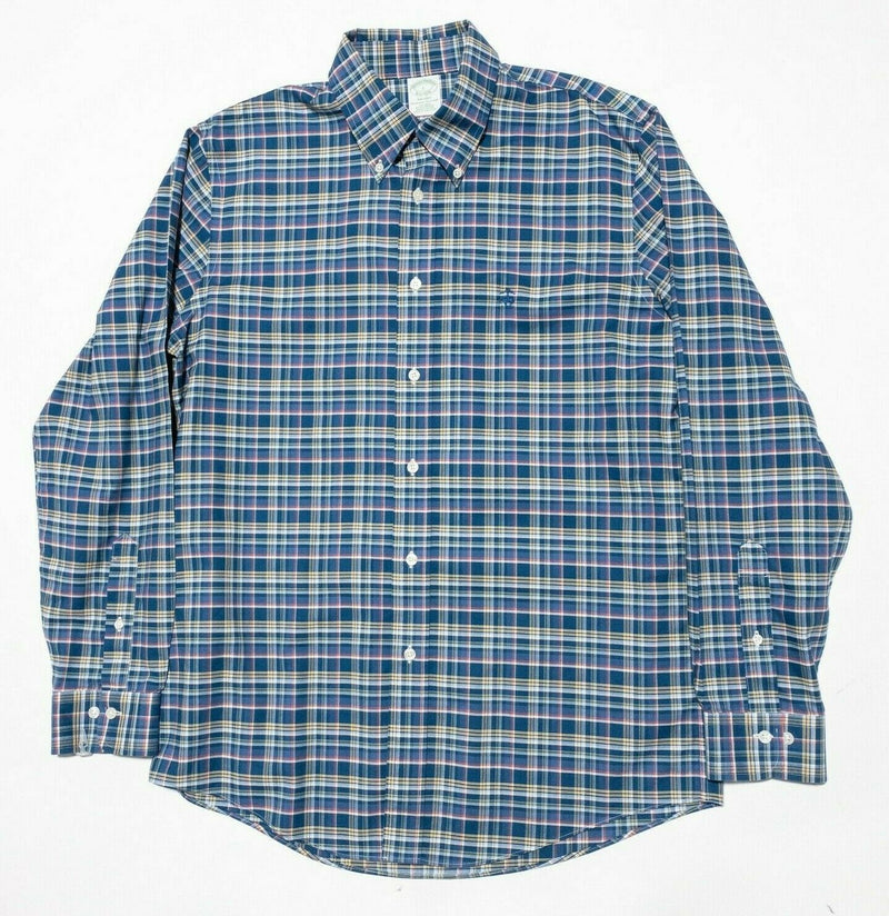 Brooks Brothers Milano Shirt Large Long Sleeve Button-Down Blue Plaid Men's Logo