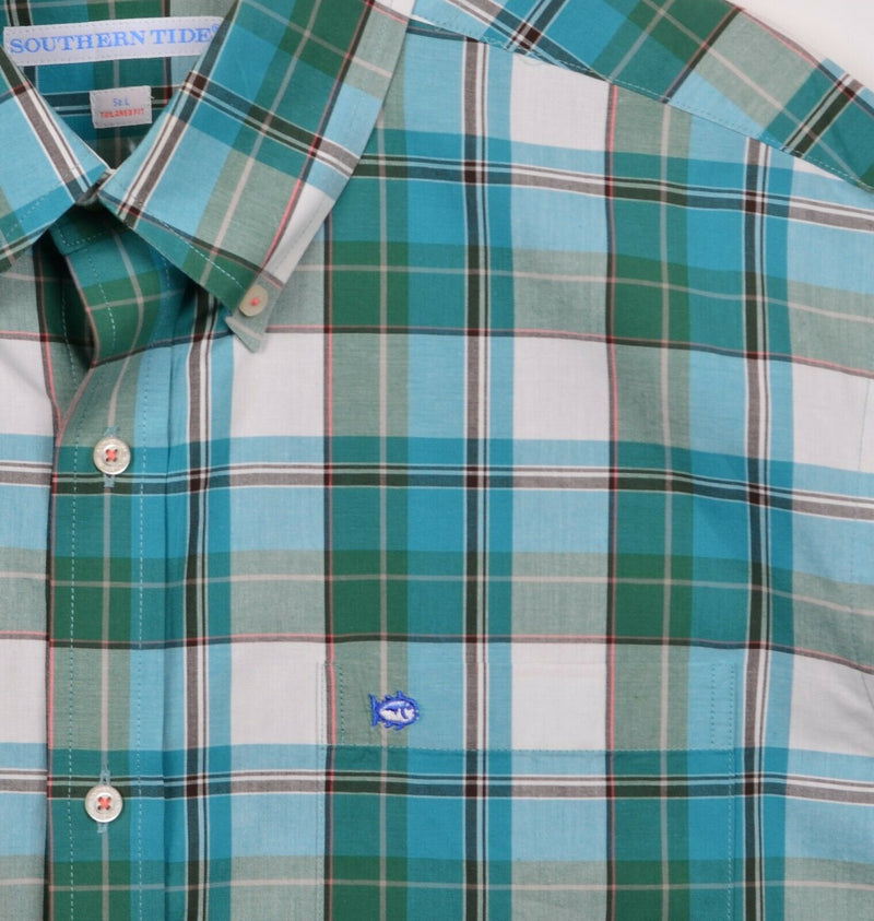Southern Tide Men's Sz Large Tailored Fit Green Blue Plaid Button-Down Shirt