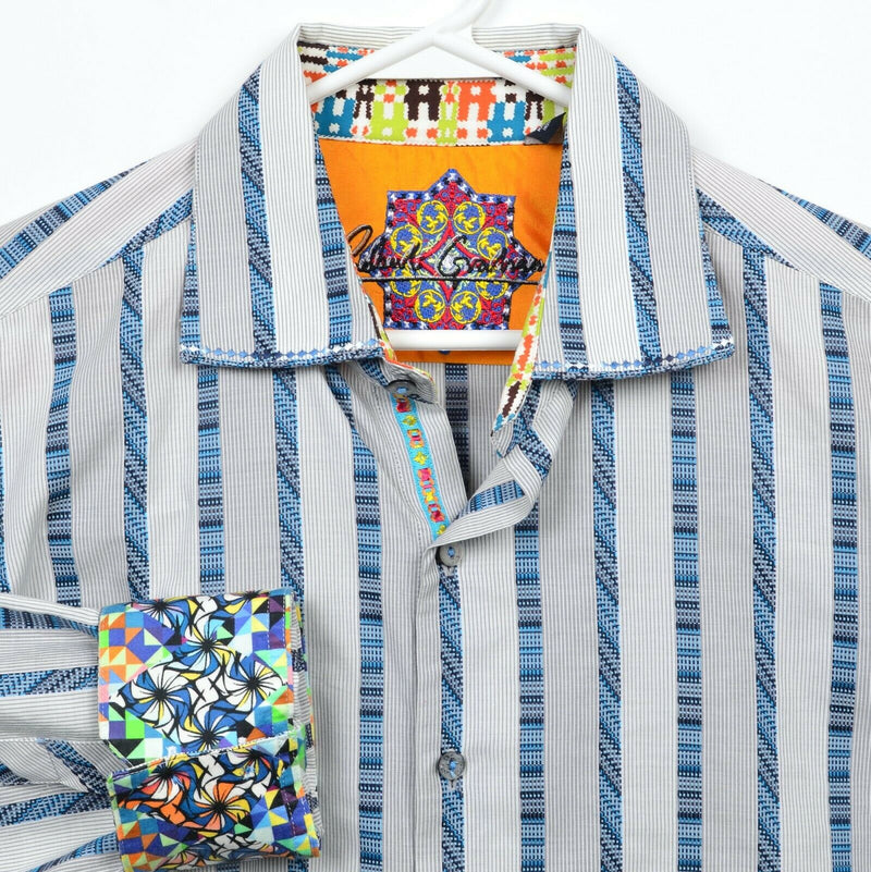 Robert Graham Men's XL Flip Cuff Gray Blue Striped Colorful Button-Front Shirt