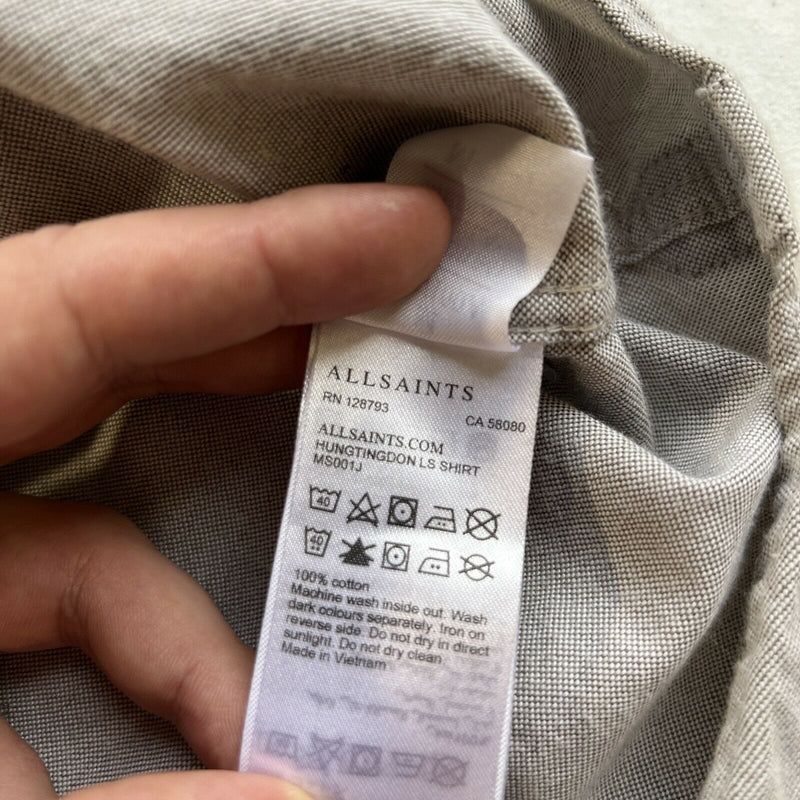 AllSaints Men's Medium Gray Oxford Ram Skull Logo Huntingdon Button-Front Shirt