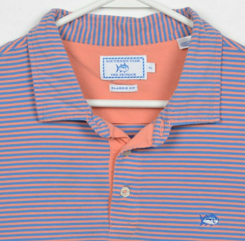 Southern Tide Men's XL Classic Fit Blue Orange Striped Logo Skipjack Polo Shirt