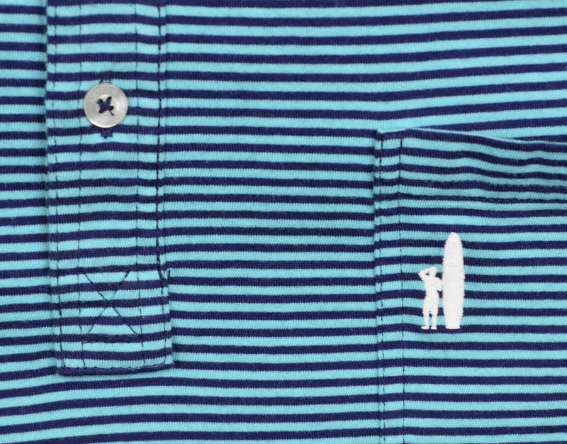Johnnie-O Men's Sz Large Navy Aqua Blue Striped Surfer Logo Pocket Polo Shirt