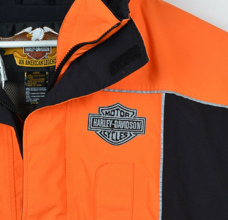 Harley-Davidson Mens Large GoreTex Orange Reflective Hood Motorcycle Rain Jacket