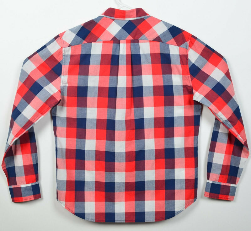 L.L Bean Signature Men's Medium Slim Fit Red Navy Blue Check Button-Down Shirt