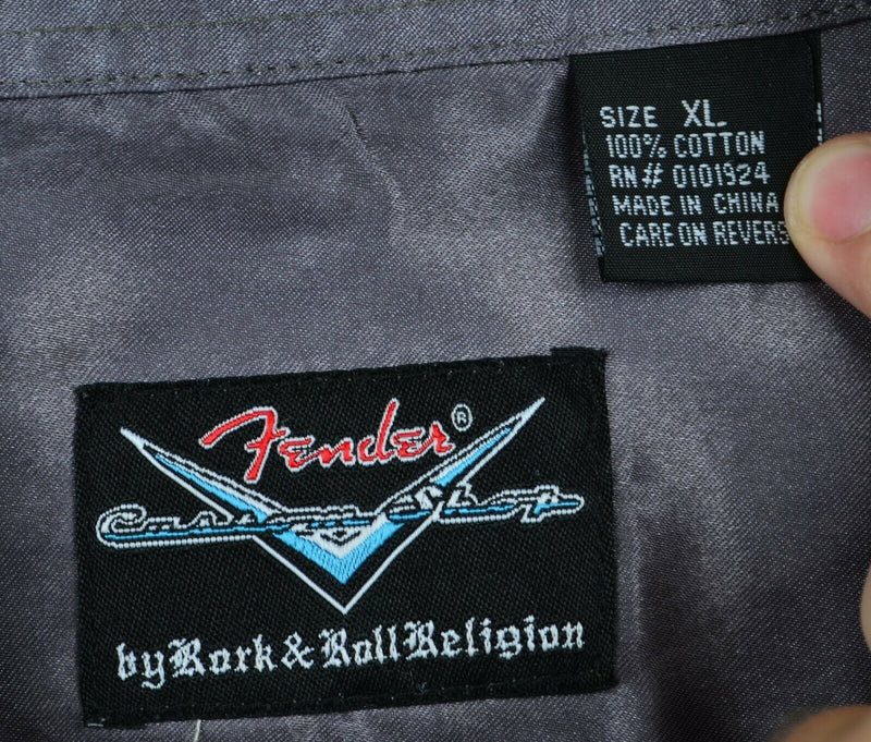 Fender Men's XL Flip Cuff Gray Striped Embroidered Rock & Roll Religion Shirt