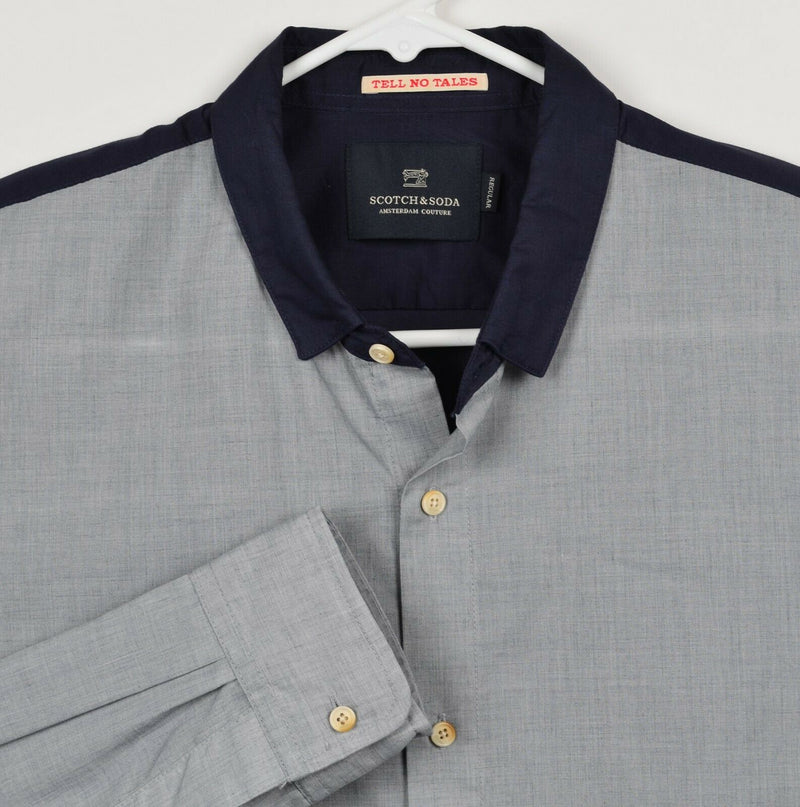 Scotch & Soda Men's Medium Gray Navy Blue Two-Tone Designer Button-Front Shirt