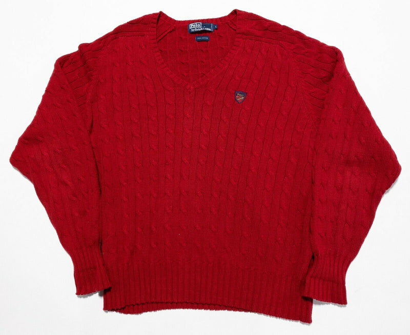 Polo Ralph Lauren Men's Large Cable-Knit Solid Red Crest V-Neck Pullover Sweater