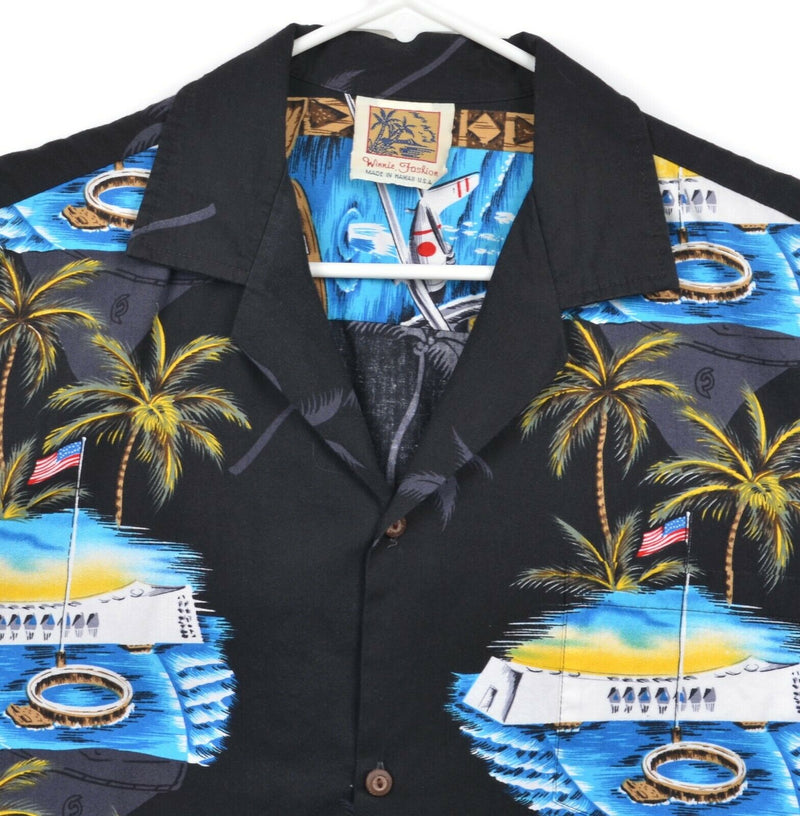 Vtg Pearl Harbor Men's Sz Large WWII Graphic Winnie Fashion Navy Hawaiian Shirt