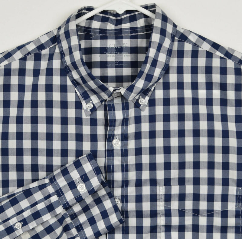 J. Crew Men's Sz Large Navy Blue White Gingham Check Offshore Performance Shirt