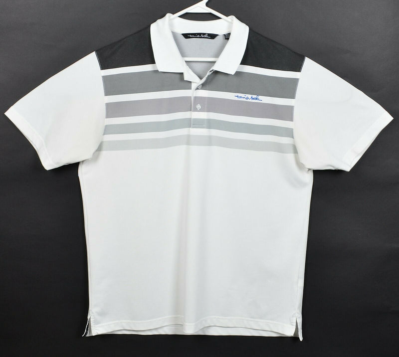 Travis Mathew Men's Large White Black Striped Polyester Wicking Golf Polo Shirt