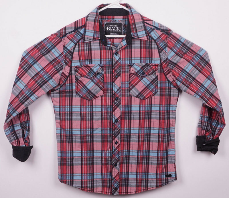 Buckle Black Men's Small Athletic Fit Red Blue Plaid Spandex Button-Front Shirt