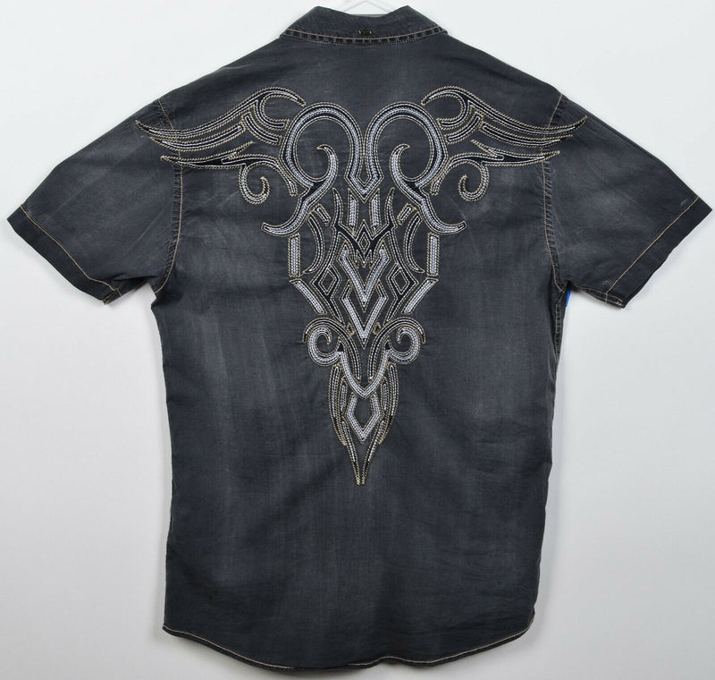 Roar Signature Men's Medium Cross Tribal Gray Distressed Button-Front Shirt