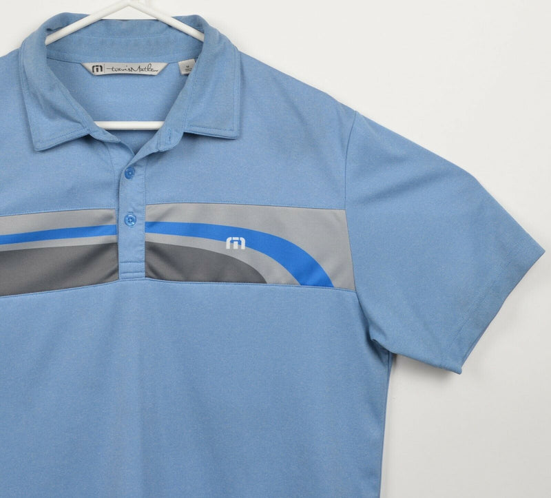 Travis Mathew Men's Medium Blue Gray Striped Polyester Wicking Golf Polo Shirt