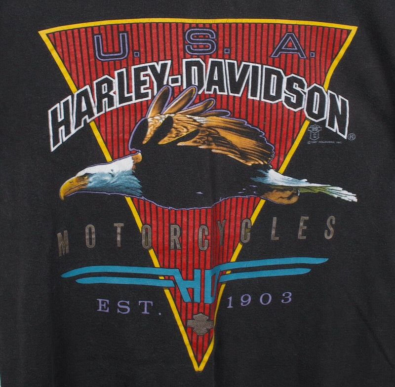 Vintage 1987 Harley-Davidson Men's Small? Eagle Black Double-Sided T-Shirt