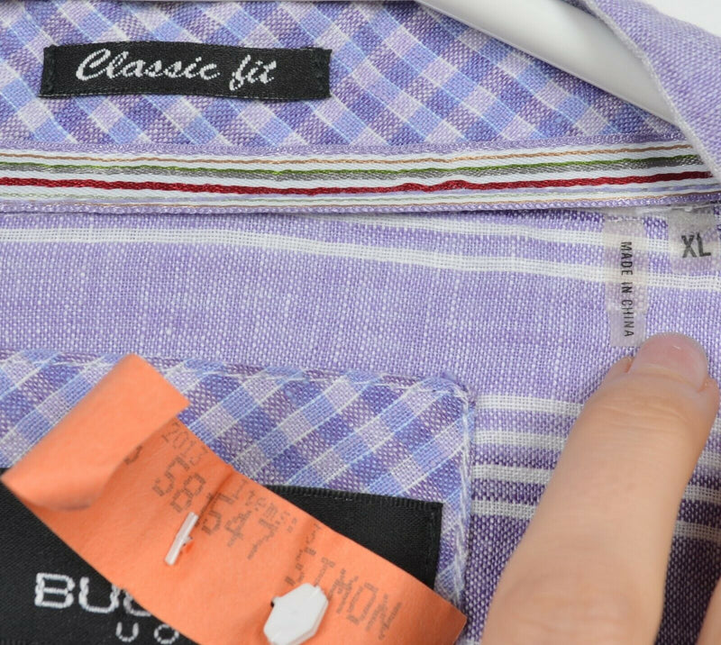 Bugatchi Uomo Men's XL Classic Fit 100% Linen Flip Cuff Purple Striped Shirt