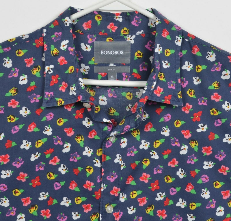 Bonobos Men's XL Slim Fit Floral Print Navy Blue Short Sleeve Button-Front Shirt