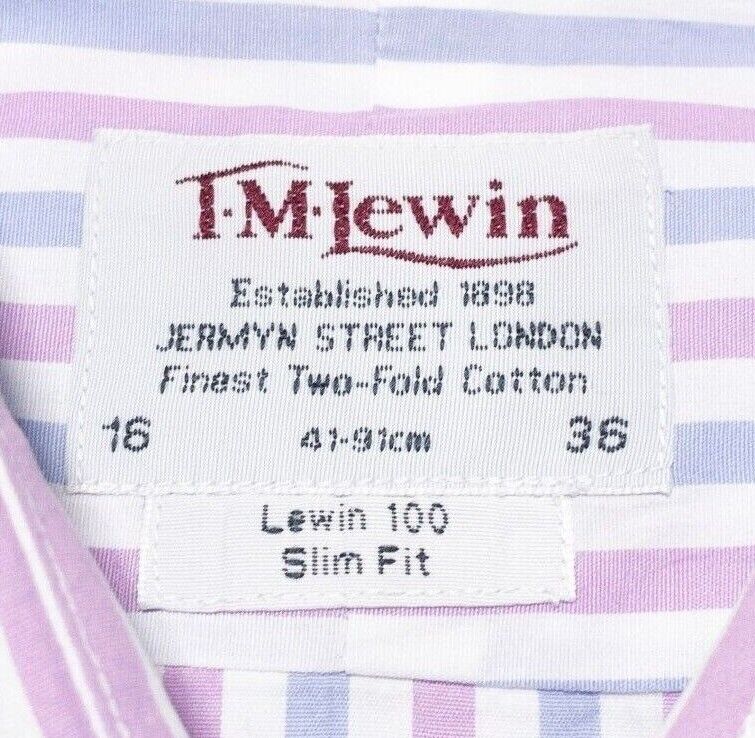 T.M.Lewin 16-36 Slim Fit Men's Shirt French Cuff Pink Blue Stripe Lewin 100