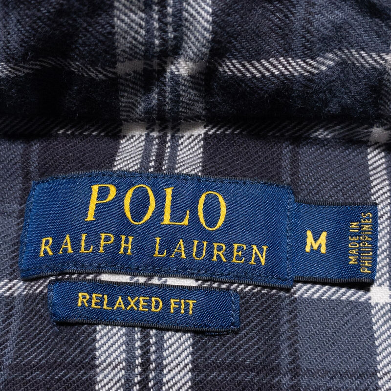 Polo Ralph Lauren Flannel Shirt Men's Medium Relaxed Fit Plaid Gray Pockets