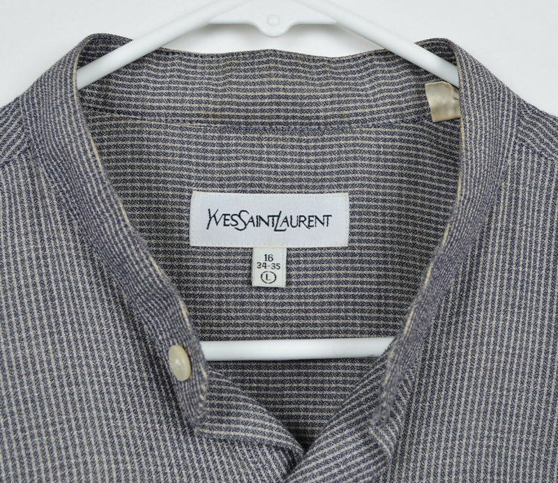 Vintage Yves Saint Laurent Men's Sz Large Band Collar Gray Button-Front Shirt