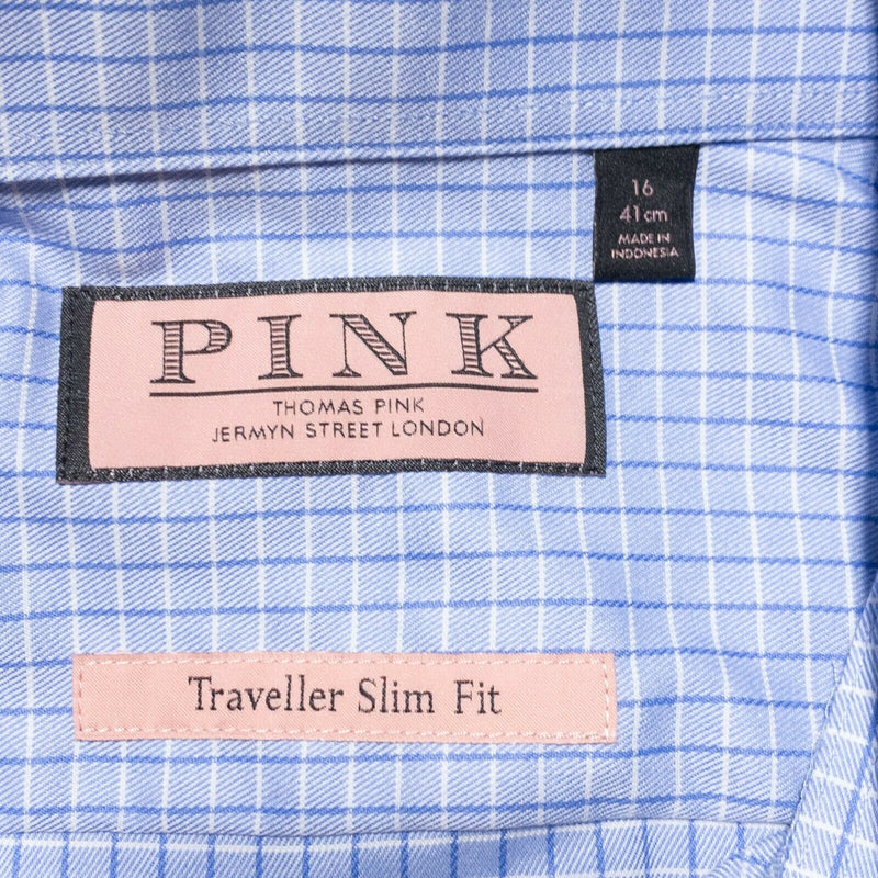 Thomas Pink Traveller Slim Fit Blue Plaid Check Dress Shirt Men's 16