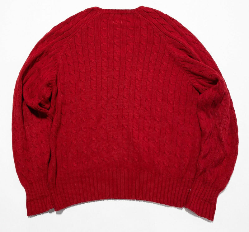 Polo Ralph Lauren Men's Large Cable-Knit Solid Red Crest V-Neck Pullover Sweater