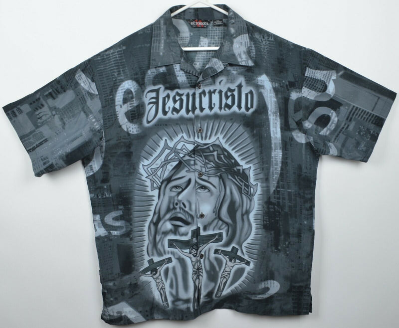 Vintage 90s Jesus Men's 2XL Victorious Rap Cross Jesucristo Polyester Camp Shirt